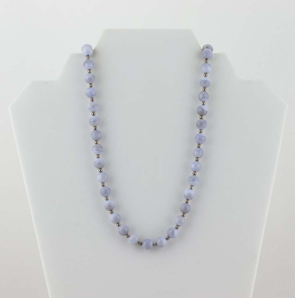 Sterling Silver Blue Lace Agate Bead Necklace 24 inch Long Chain